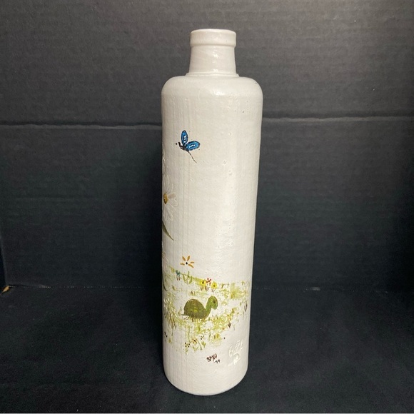 Vtg Stoneware Pottery Bottle Vase Vessel Hand Painted Flowers Turtle - Picture 2 of 8